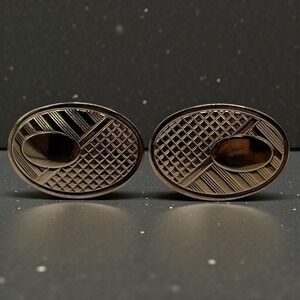 Vintage Hickok Cufflinks USA Gold Tone‎ MCM Oval Abstract Pattern Bullet Back